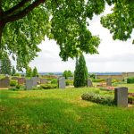 Friedhof für Erdbestattungen unter schönem großen Bäumen