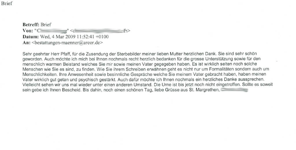 Dankes Email an Bestatter Joachim Männer in Ingolstadt