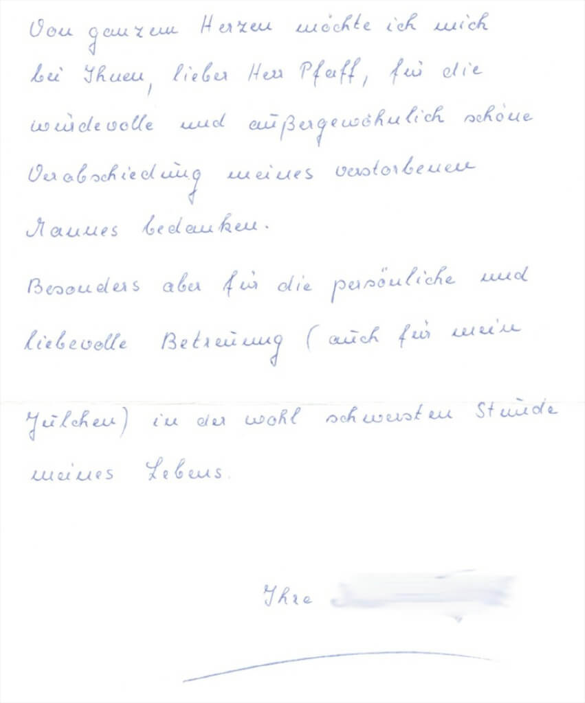 Danksagung für liebevolle Betreuung an Bestattungsinstitut Joachim Männer aus Ingolstadt