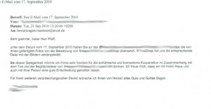 Dankes-E-Mail an das Bestattungsinstitut Männer Ingolstadt